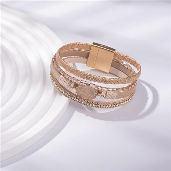 Boho Leather Wrap Bracelets Bohemian Crystal Bracelets Trendy Layered Bracelet - Picture 5 of 7